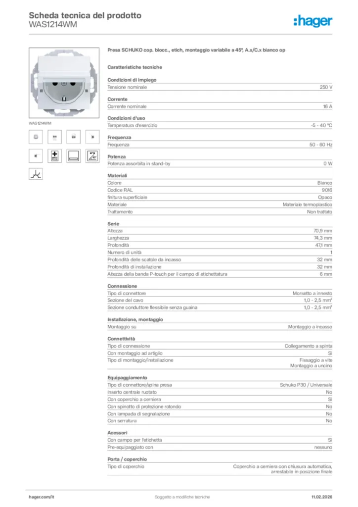 Immagine Hager Scheda tecnica del prodotto WAS1214WM | Hager Italia