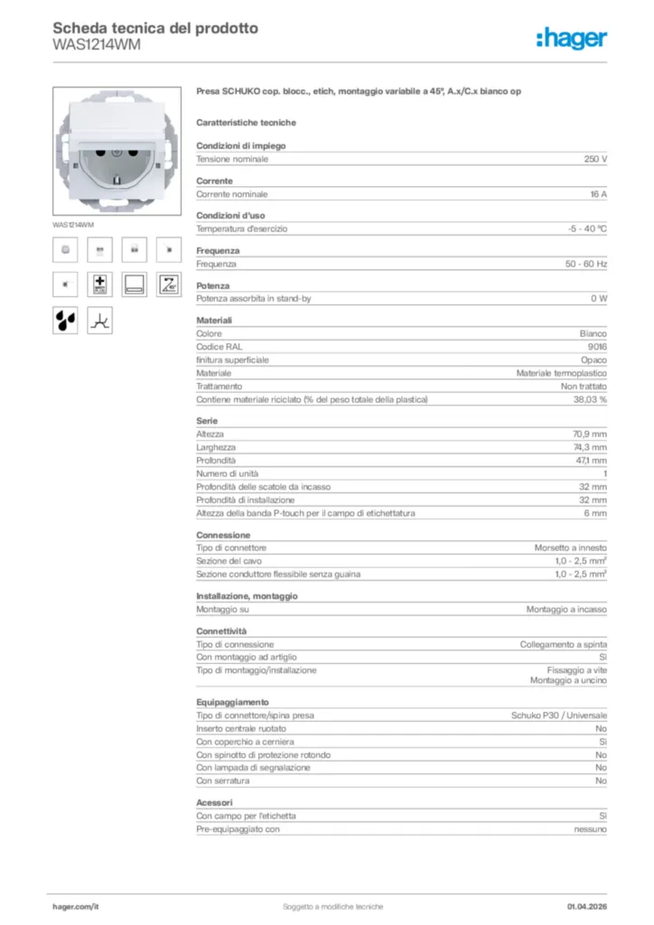 Immagine Hager Scheda tecnica del prodotto WAS1214WM | Hager Italia