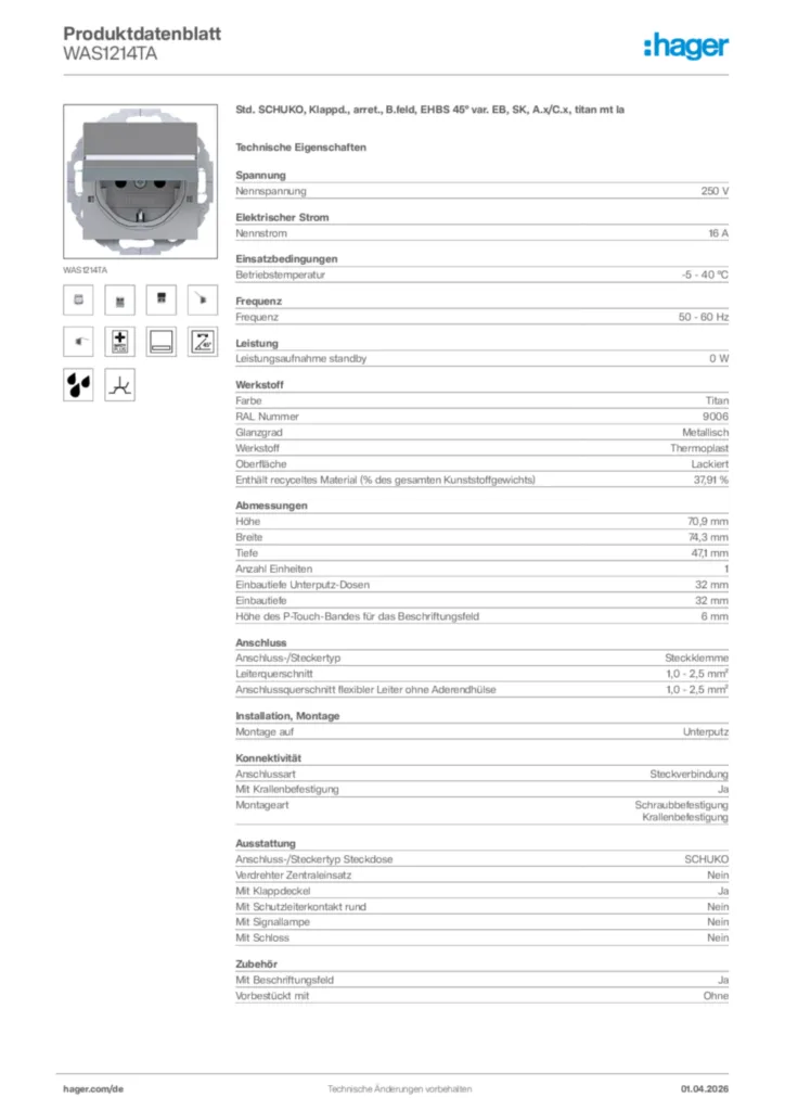 Bild Hager Produktdatenblatt WAS1214TA | Hager Deutschland