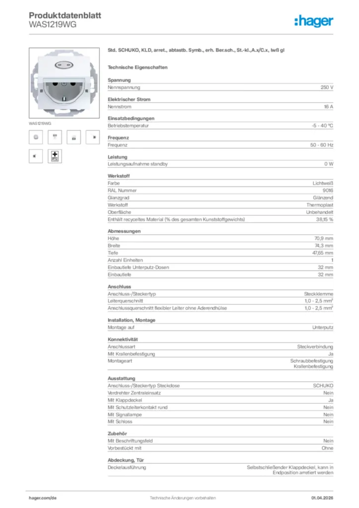Bild Hager Produktdatenblatt WAS1219WG | Hager Deutschland