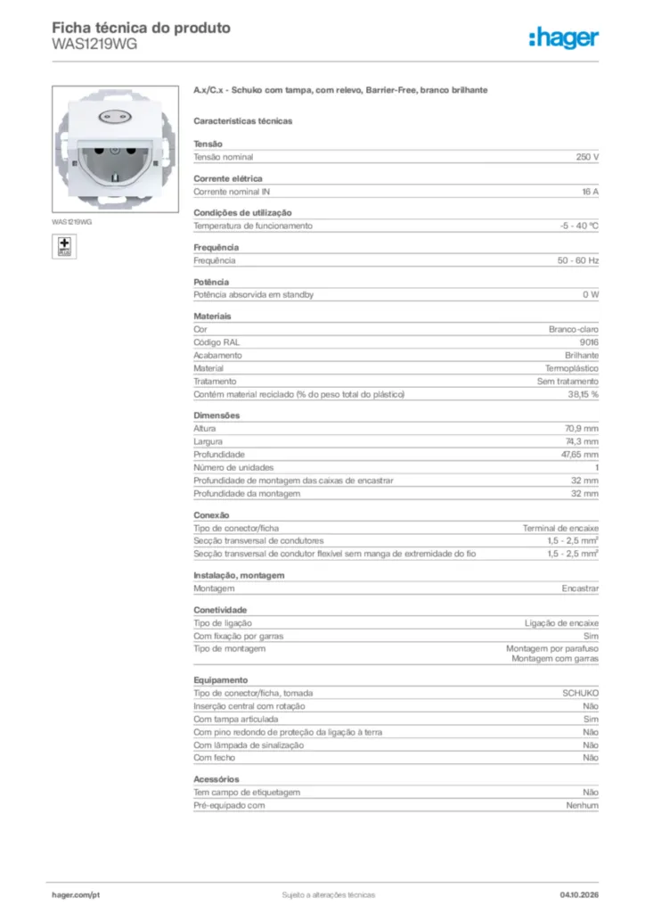 Imagem Hager Ficha técnica do produto WAS1219WG | Hager Portugal