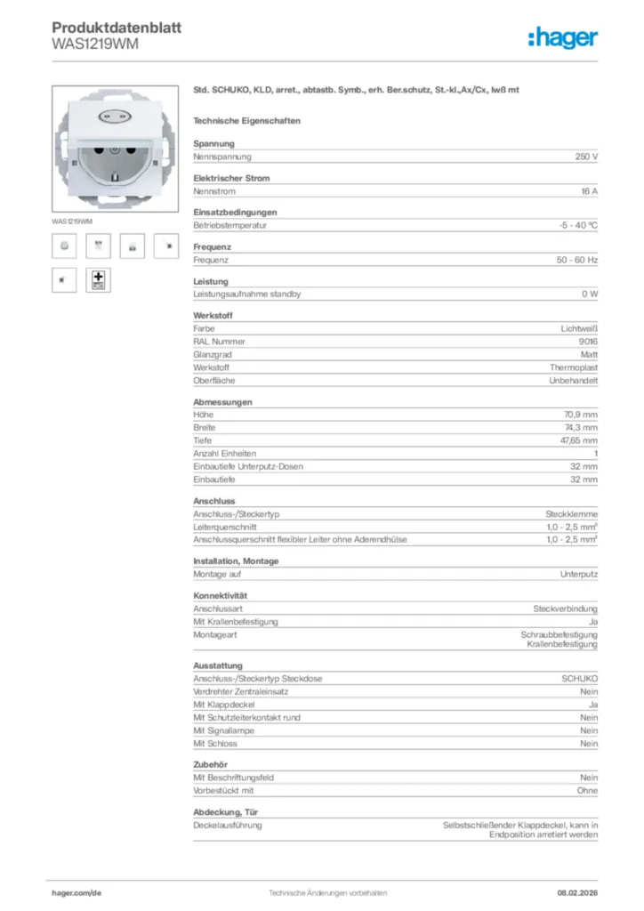 Bild Hager Produktdatenblatt WAS1219WM | Hager Deutschland