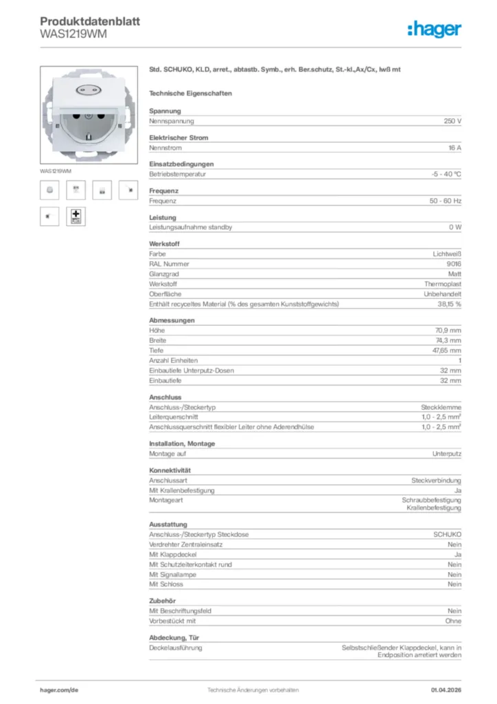 Bild Hager Produktdatenblatt WAS1219WM | Hager Deutschland