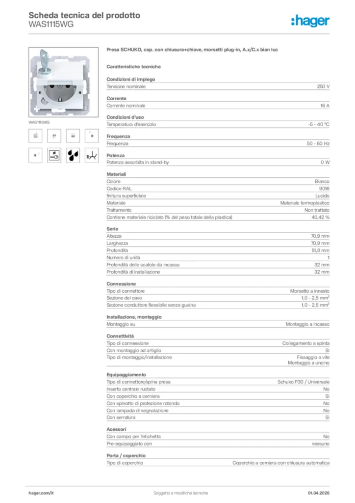 Immagine Hager Scheda tecnica del prodotto WAS1115WG | Hager Italia