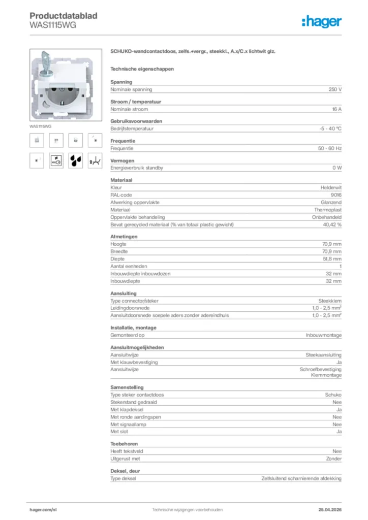 Afbeelding Hager Productdatablad WAS1115WG | Hager Nederland