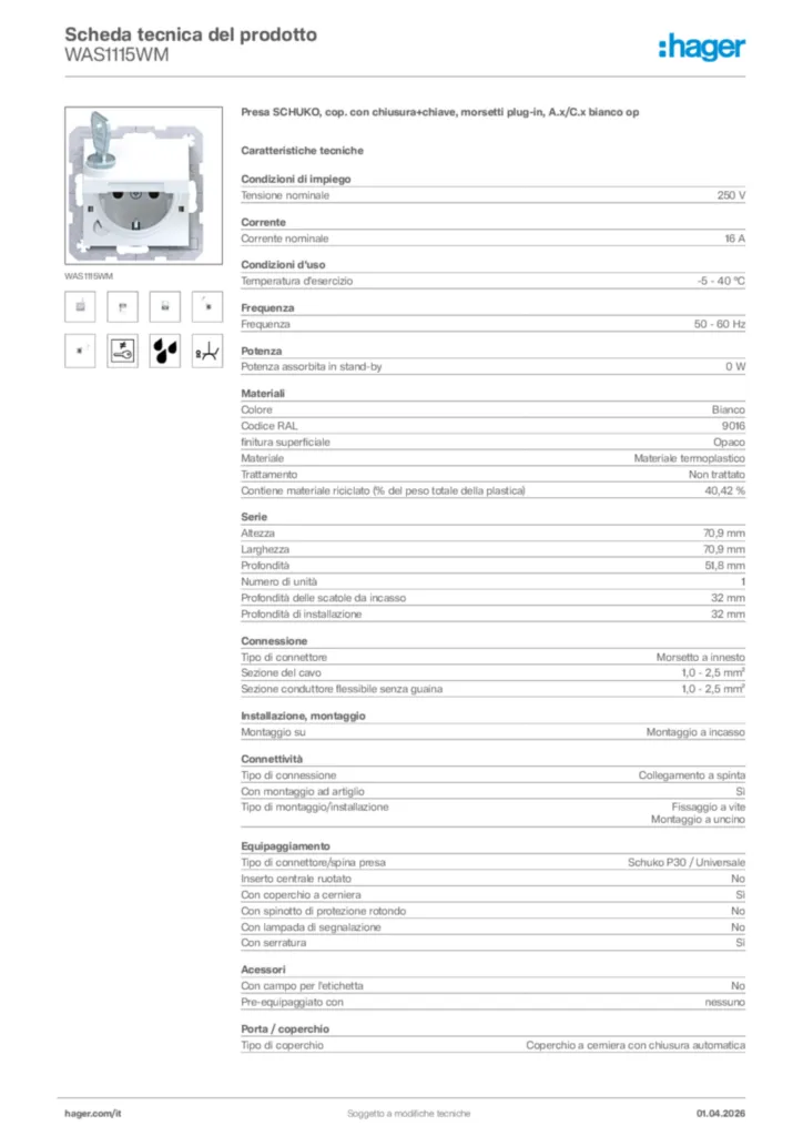 Immagine Hager Scheda tecnica del prodotto WAS1115WM | Hager Italia