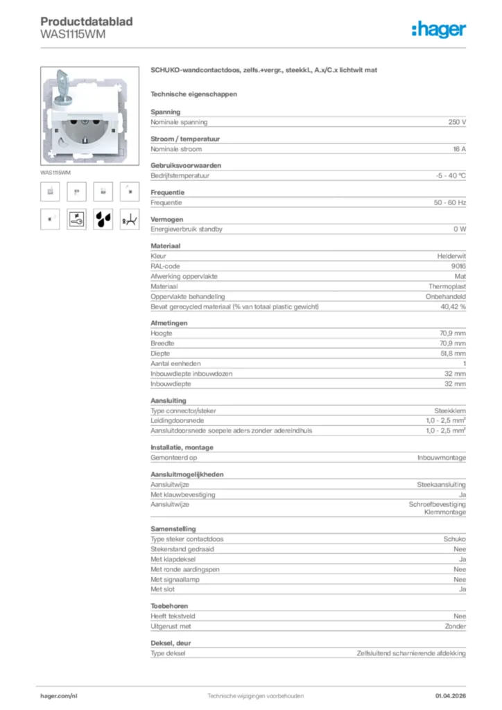 Afbeelding Hager Productdatablad WAS1115WM | Hager Nederland