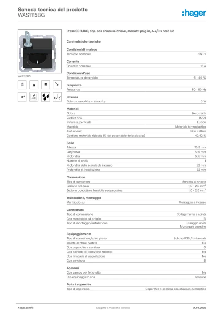 Immagine Hager Scheda tecnica del prodotto WAS1115BG | Hager Italia