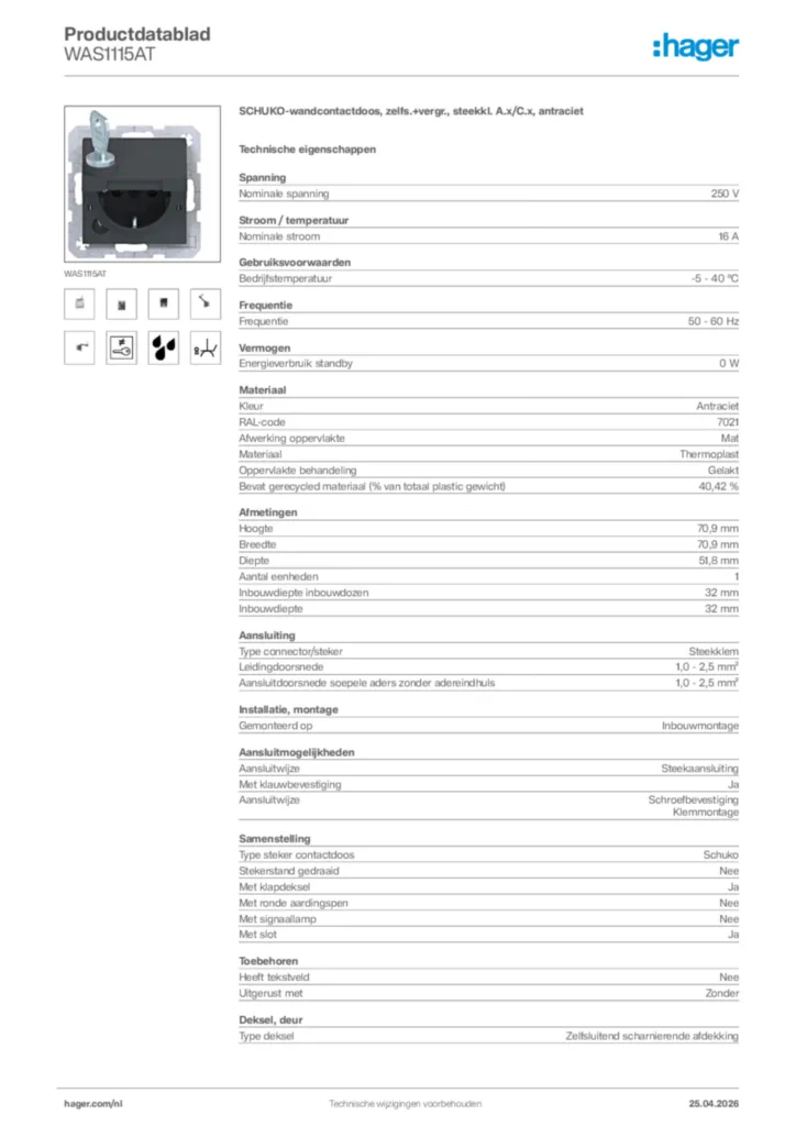 Afbeelding Hager Productdatablad WAS1115AT | Hager Nederland