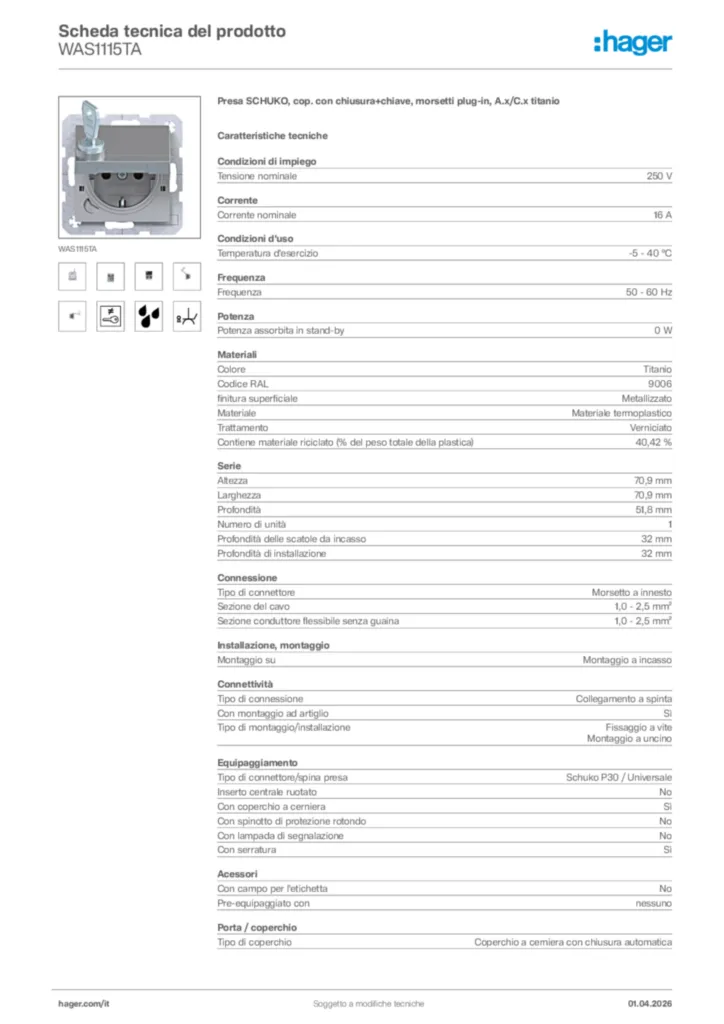 Immagine Hager Scheda tecnica del prodotto WAS1115TA | Hager Italia