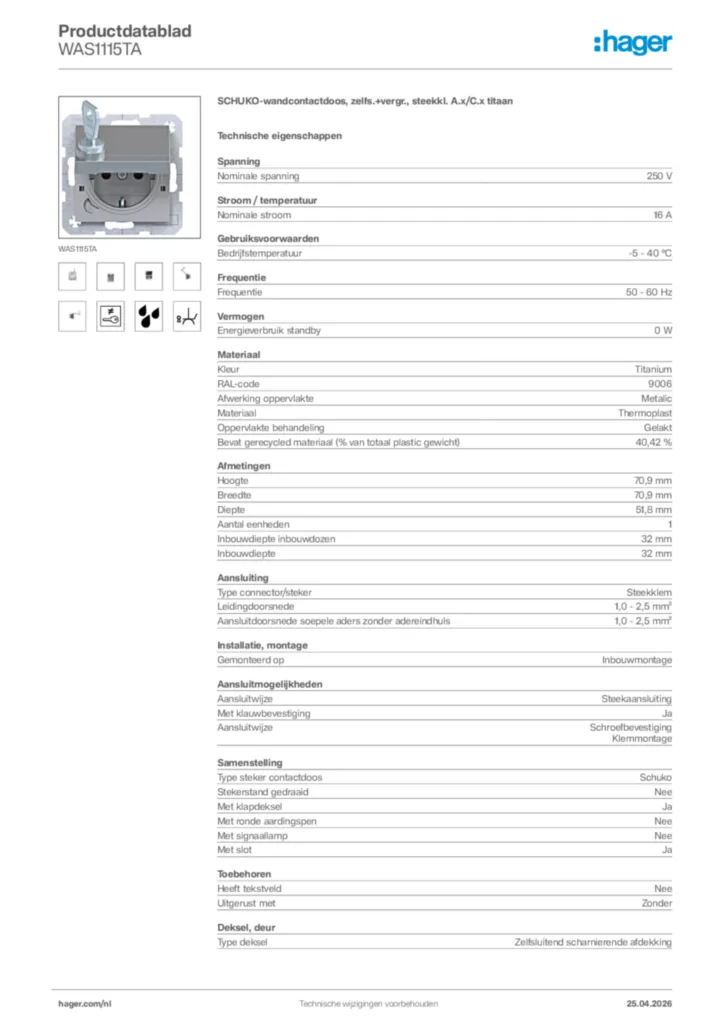 Afbeelding Hager Productdatablad WAS1115TA | Hager Nederland