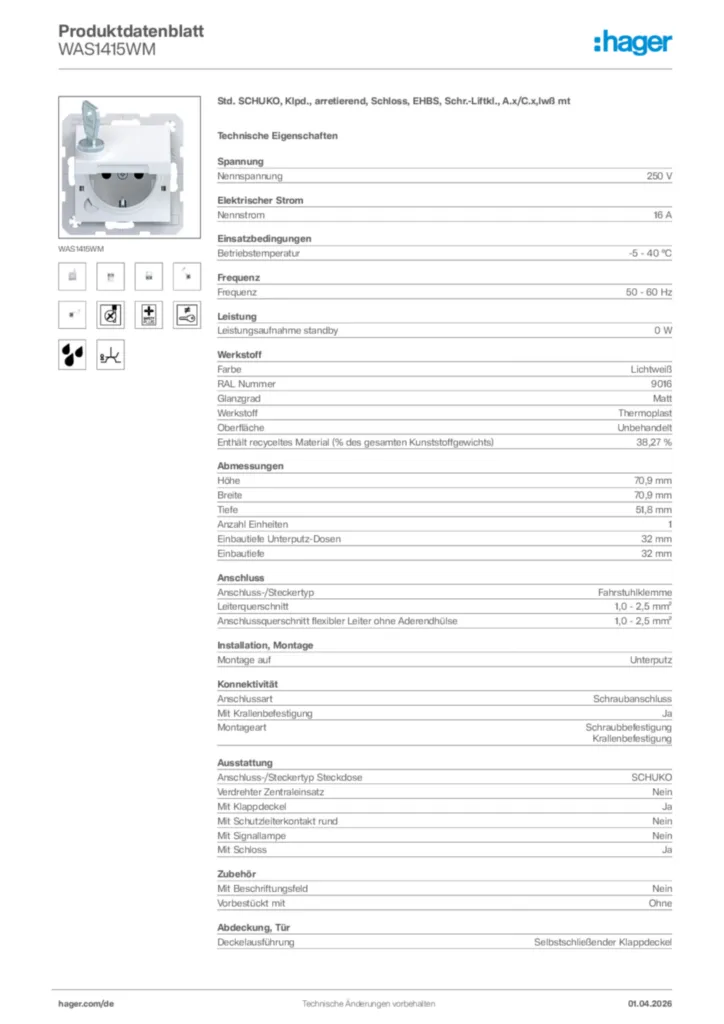 Bild Hager Produktdatenblatt WAS1415WM | Hager Deutschland