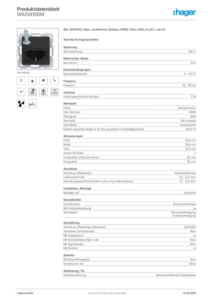 Bild Hager Produktdatenblatt WAS1415BM | Hager Deutschland