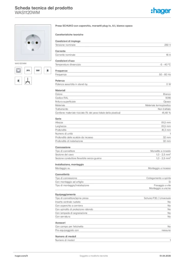 Immagine Hager Scheda tecnica del prodotto WAS1120WM | Hager Italia