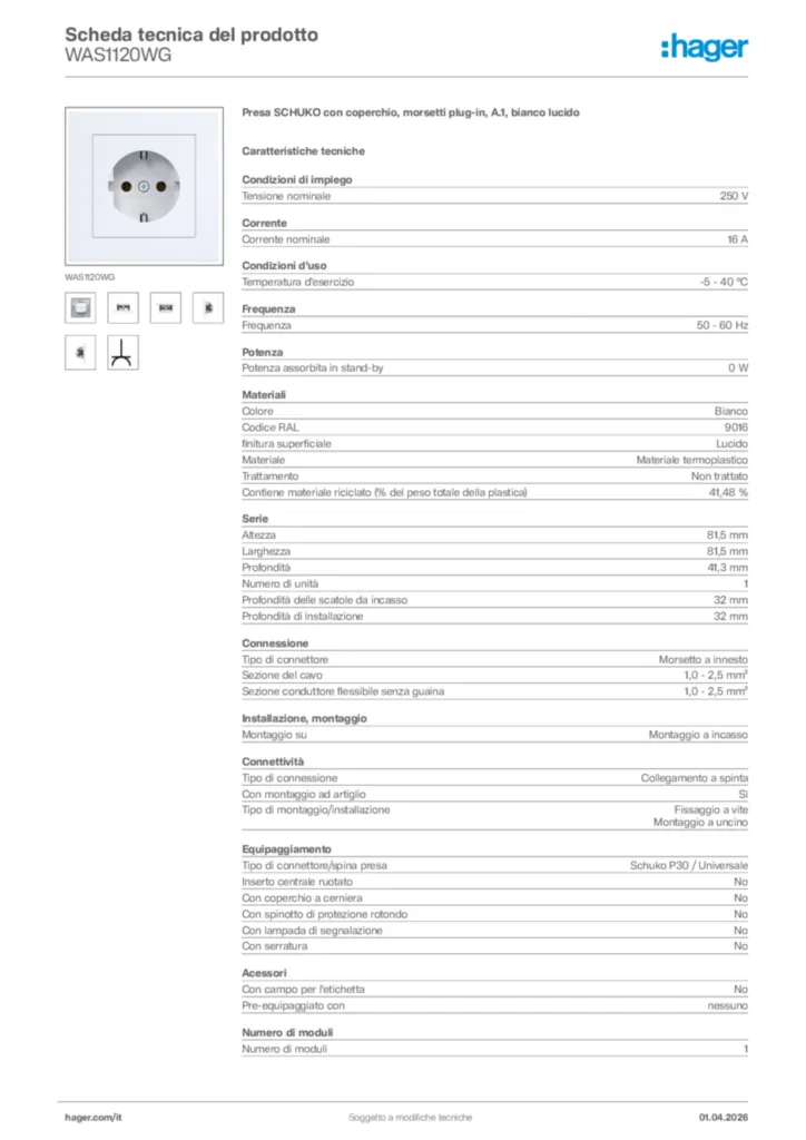 Immagine Hager Scheda tecnica del prodotto WAS1120WG | Hager Italia