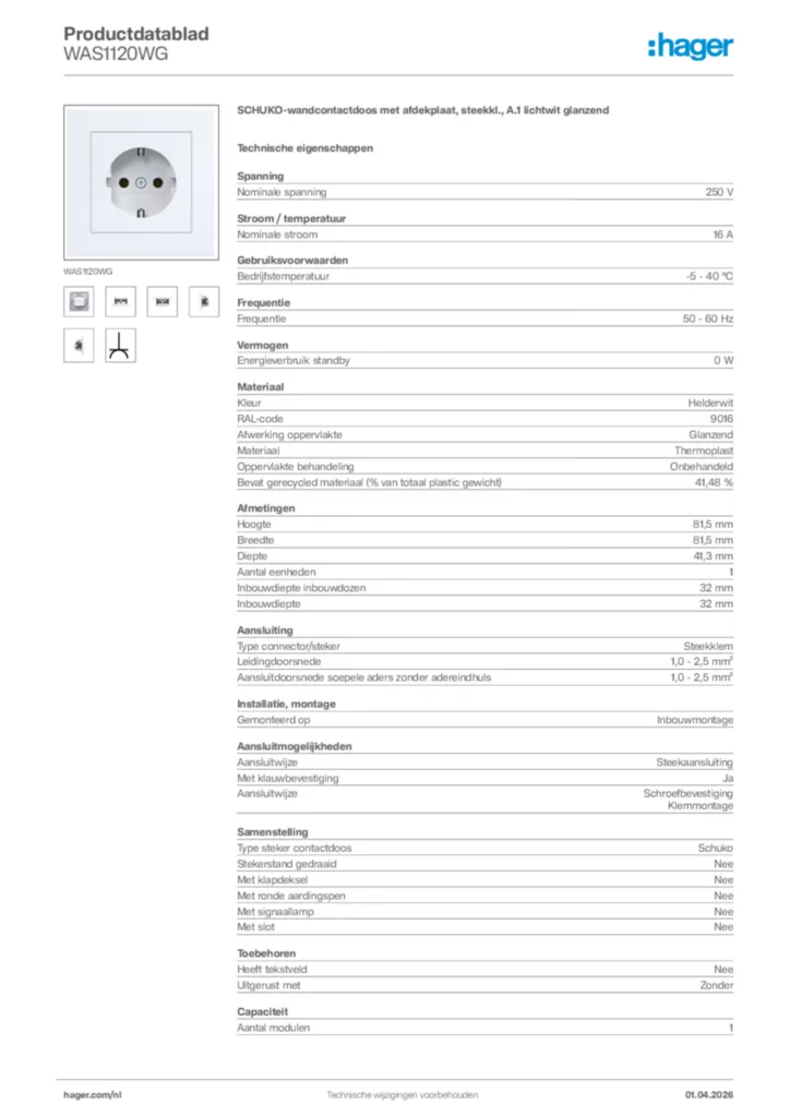 Afbeelding Hager Productdatablad WAS1120WG | Hager Nederland