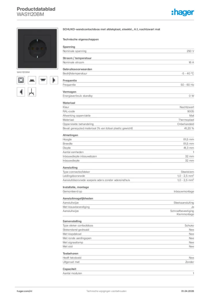 Afbeelding Hager Productdatablad WAS1120BM | Hager Nederland