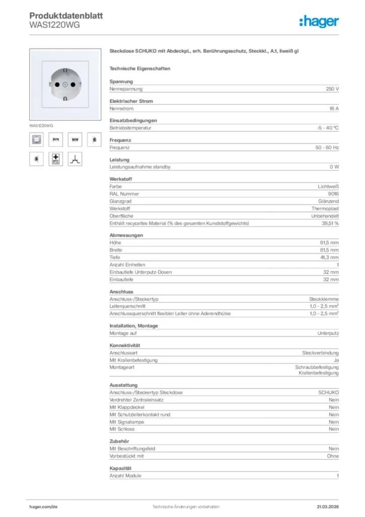 Bild Hager Produktdatenblatt WAS1220WG | Hager Deutschland