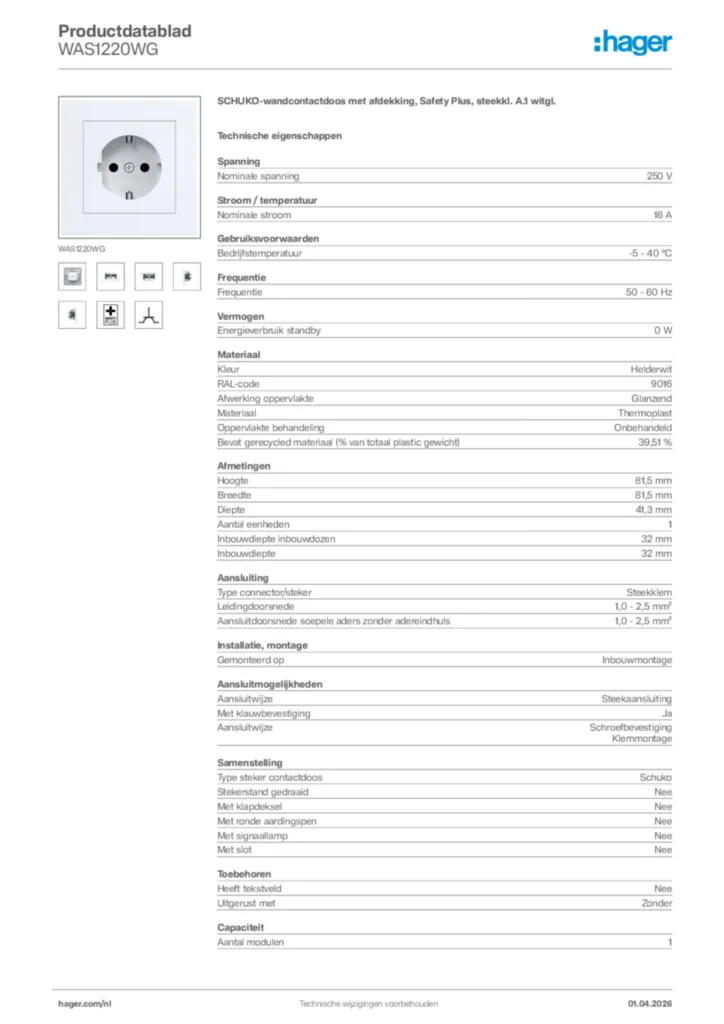 Afbeelding Hager Productdatablad WAS1220WG | Hager Nederland