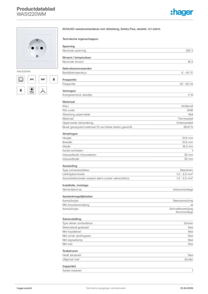 Afbeelding Hager Productdatablad WAS1220WM | Hager Nederland