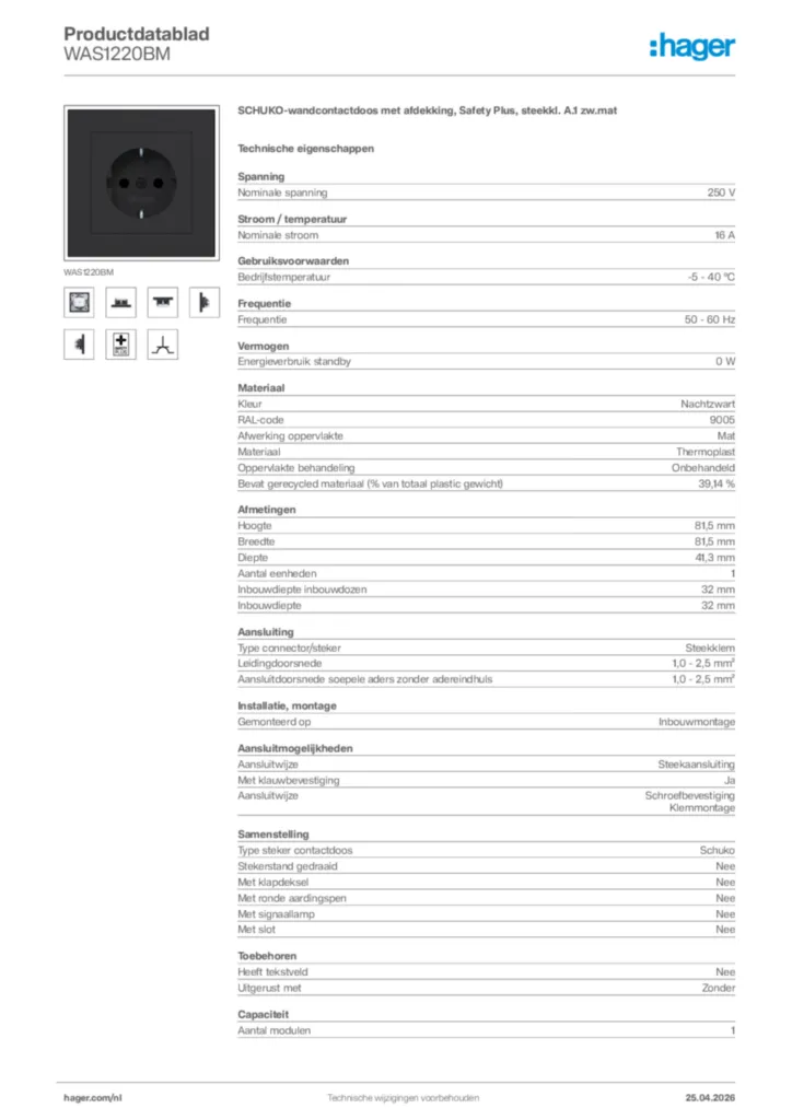 Afbeelding Hager Productdatablad WAS1220BM | Hager Nederland
