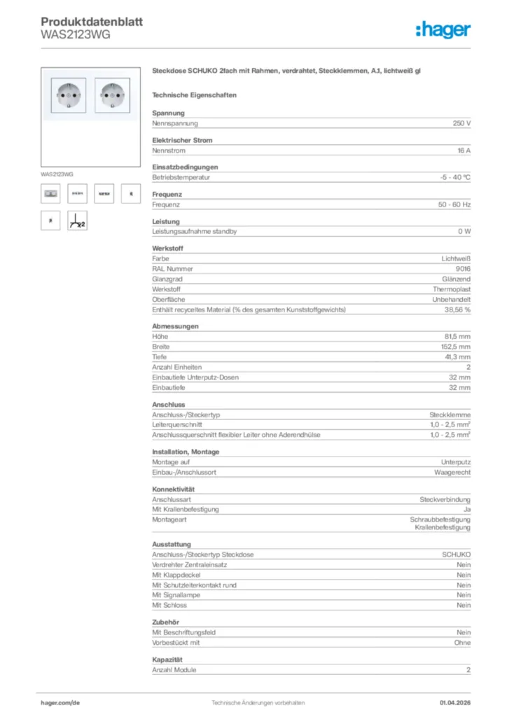 Bild Hager Produktdatenblatt WAS2123WG | Hager Deutschland