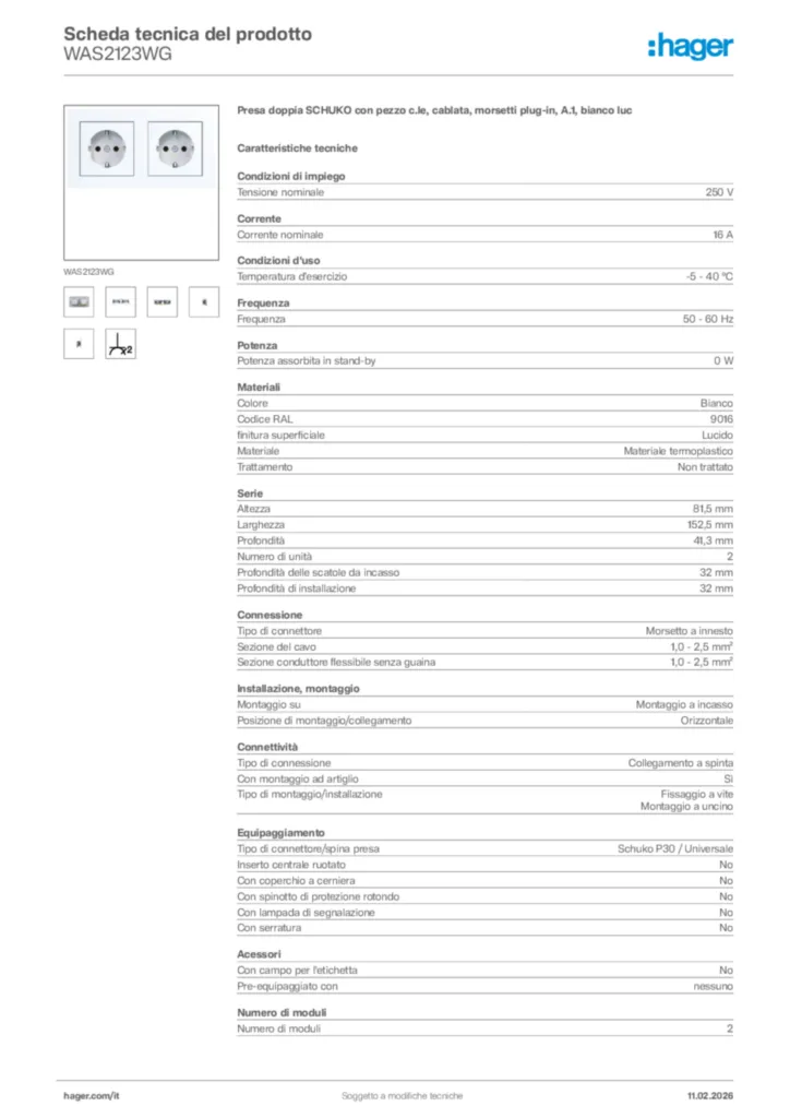 Immagine Hager Scheda tecnica del prodotto WAS2123WG | Hager Italia