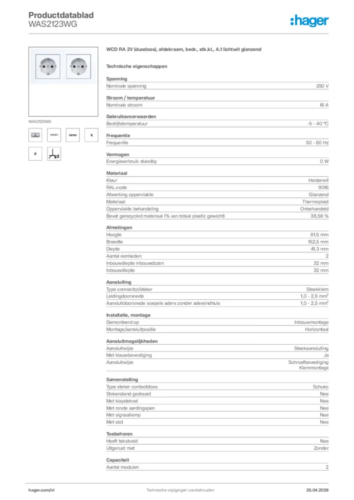 Afbeelding Hager Productdatablad WAS2123WG | Hager Nederland