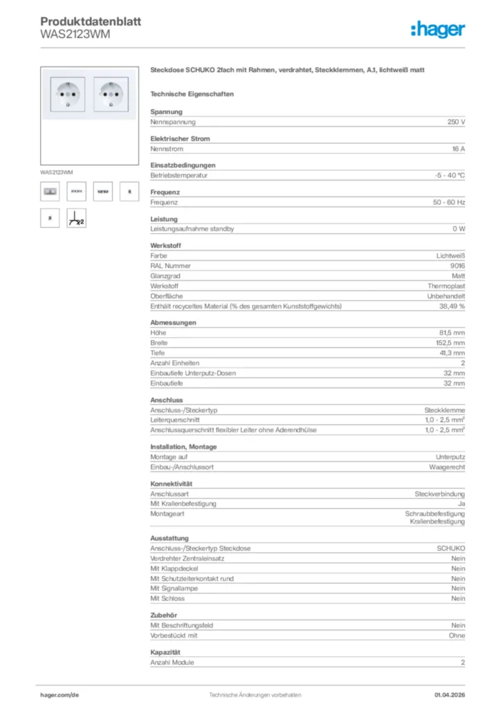 Bild Hager Produktdatenblatt WAS2123WM | Hager Deutschland