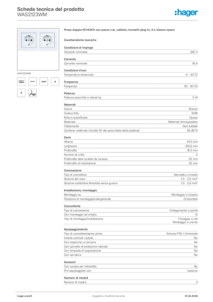 Immagine Hager Scheda tecnica del prodotto WAS2123WM | Hager Italia