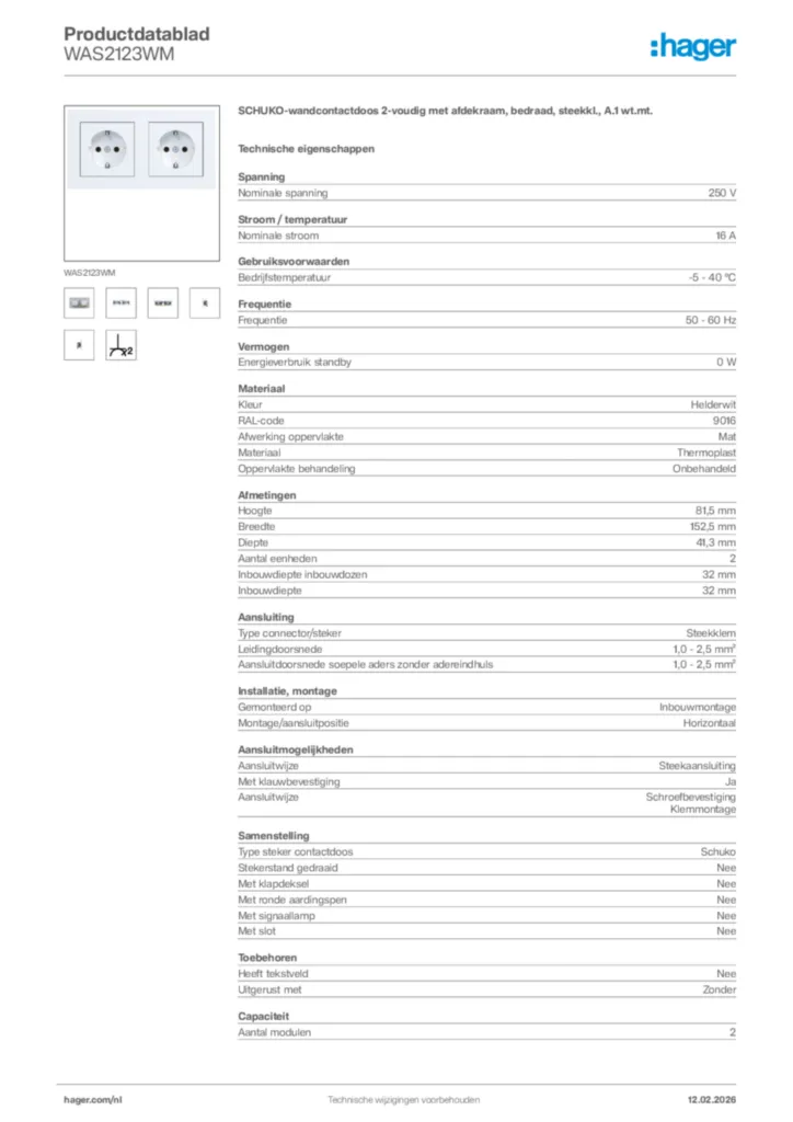 Afbeelding Hager Productdatablad WAS2123WM | Hager Nederland