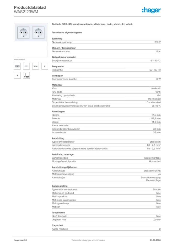 Afbeelding Hager Productdatablad WAS2123WM | Hager Nederland