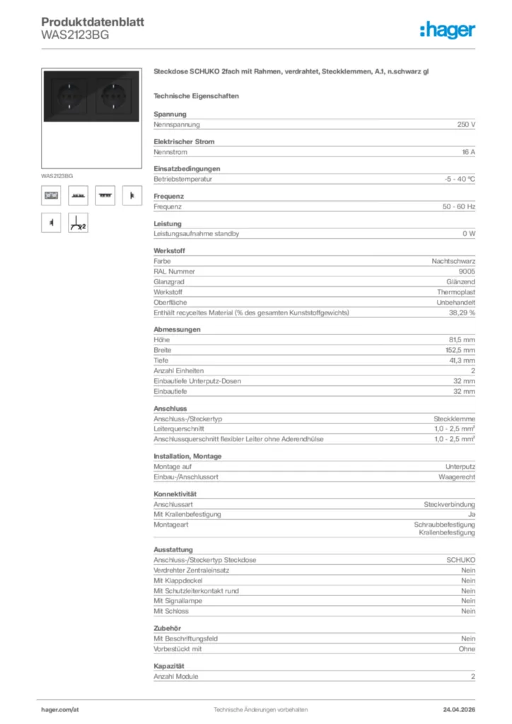 Bild Hager Produktdatenblatt WAS2123BG | Hager Deutschland
