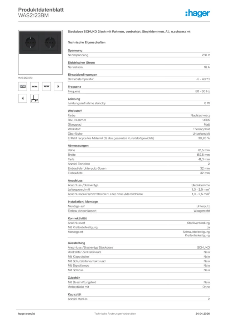 Bild Hager Produktdatenblatt WAS2123BM | Hager Deutschland