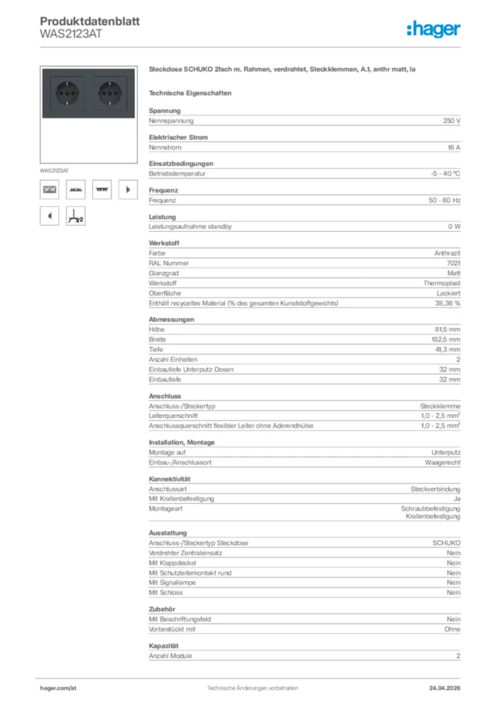 Bild Hager Produktdatenblatt WAS2123AT | Hager Deutschland