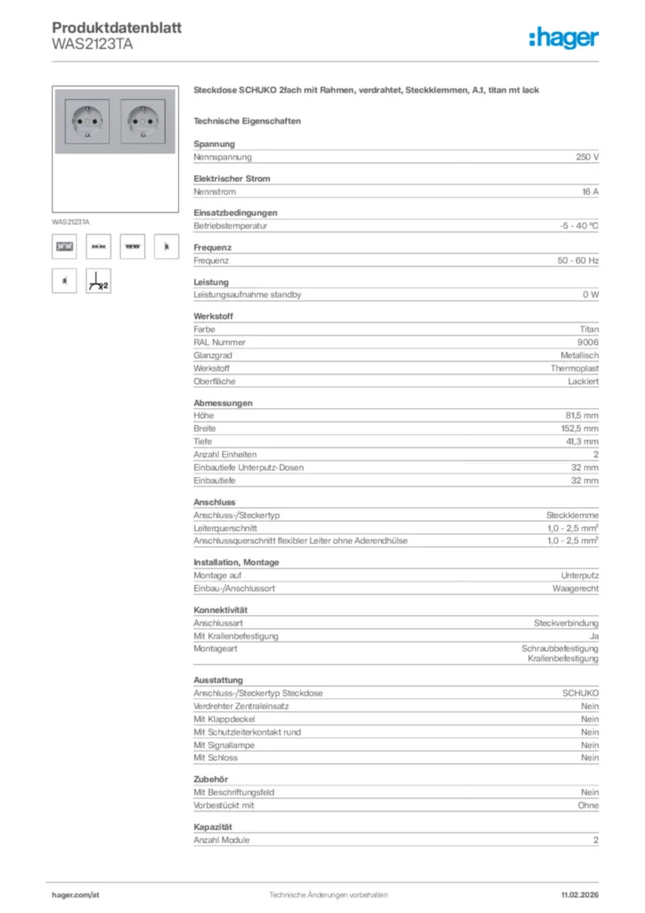 Bild Hager Produktdatenblatt WAS2123TA | Hager Deutschland