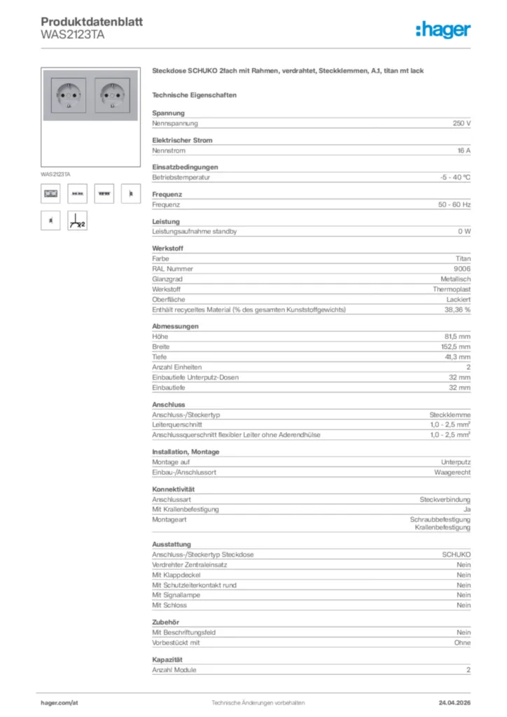 Bild Hager Produktdatenblatt WAS2123TA | Hager Deutschland