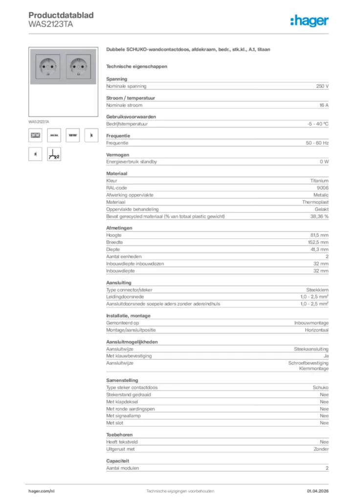 Afbeelding Hager Productdatablad WAS2123TA | Hager Nederland