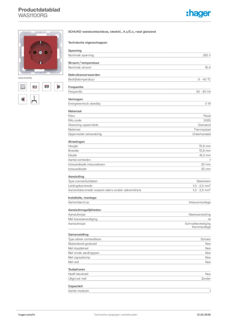 Afbeelding Hager Productdatablad WAS1100RG | Hager Nederland