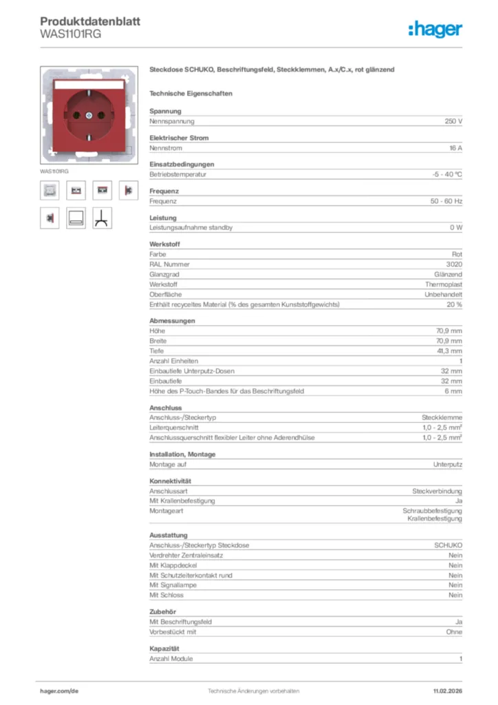 Bild Hager Produktdatenblatt WAS1101RG | Hager Deutschland