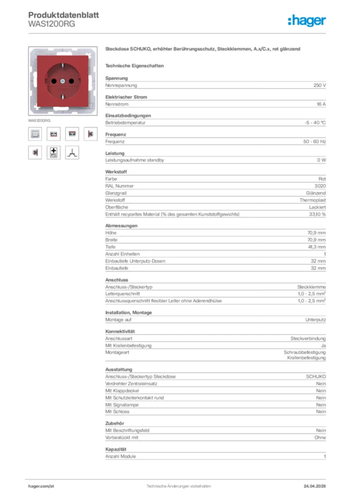 Bild Hager Produktdatenblatt WAS1200RG | Hager Deutschland