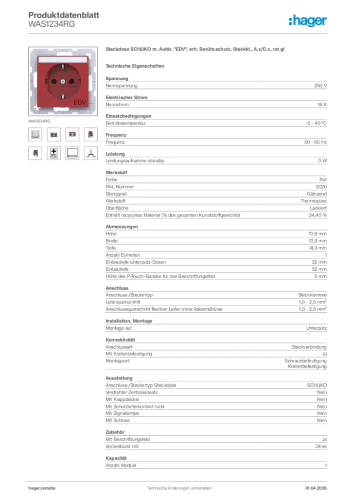 Bild Hager Produktdatenblatt WAS1234RG | Hager Deutschland