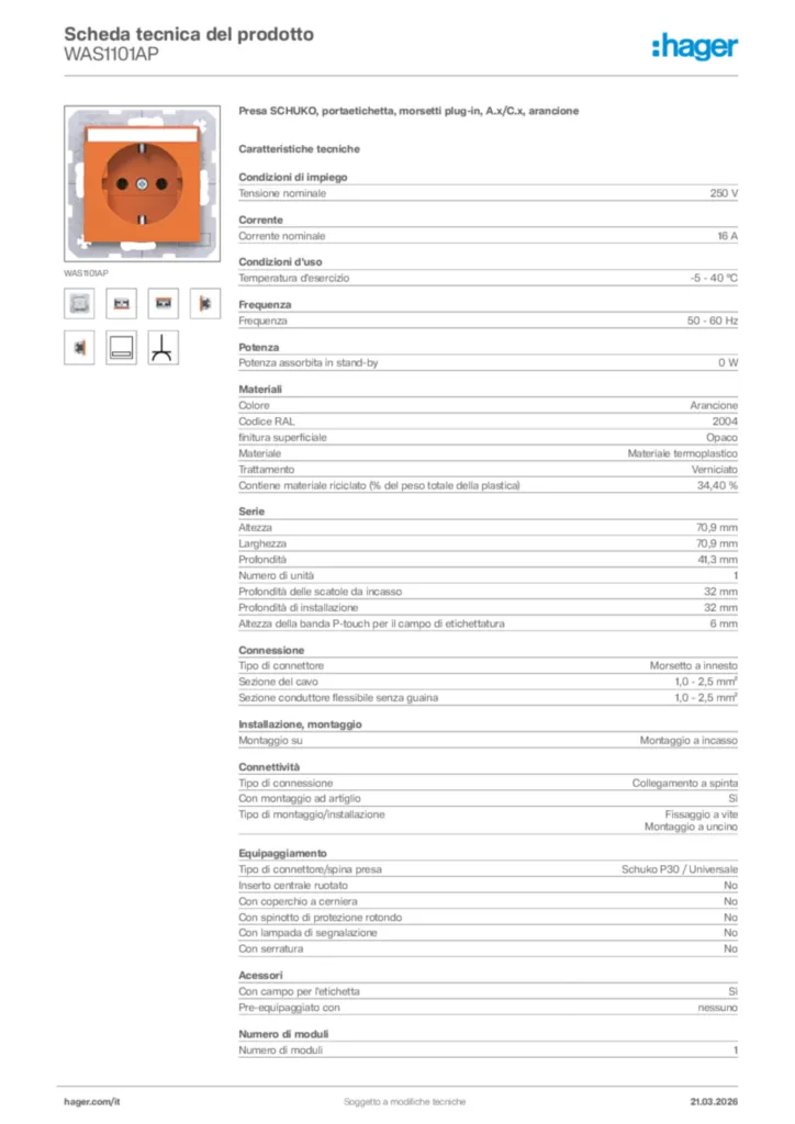 Immagine Hager Scheda tecnica del prodotto WAS1101AP | Hager Italia