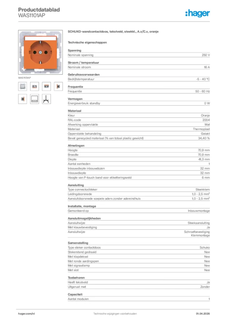 Afbeelding Hager Productdatablad WAS1101AP | Hager Nederland