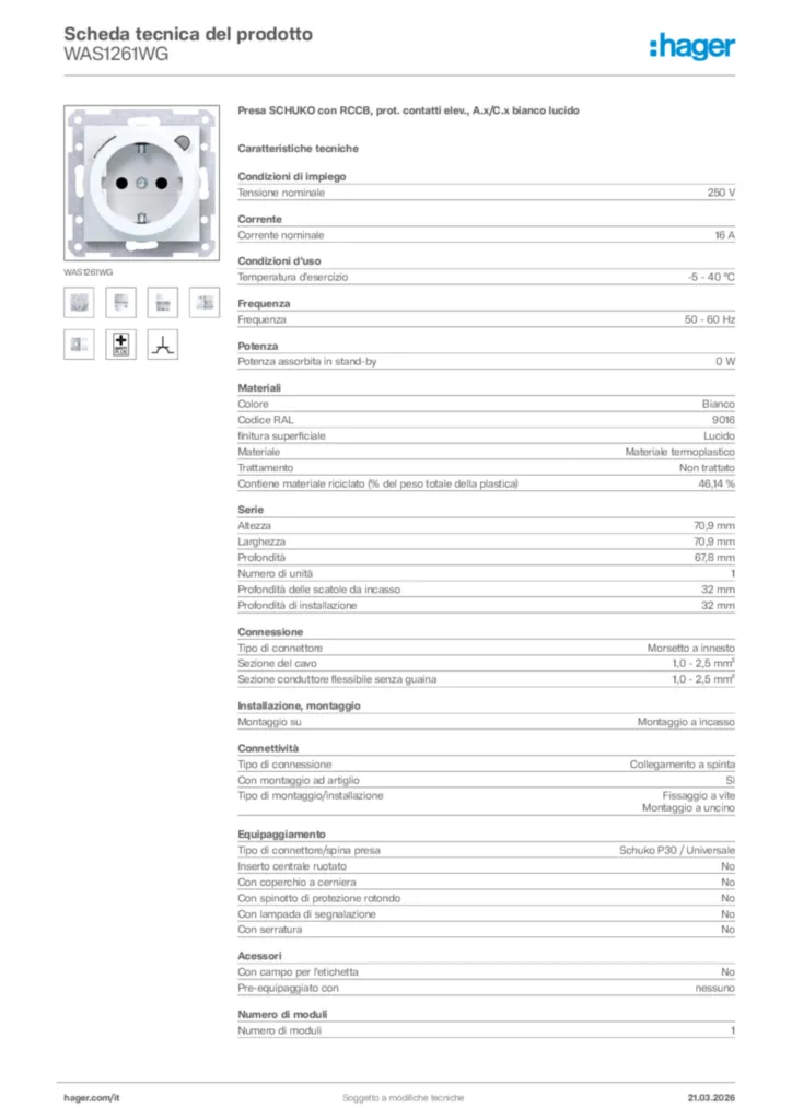 Immagine Hager Scheda tecnica del prodotto WAS1261WG | Hager Italia