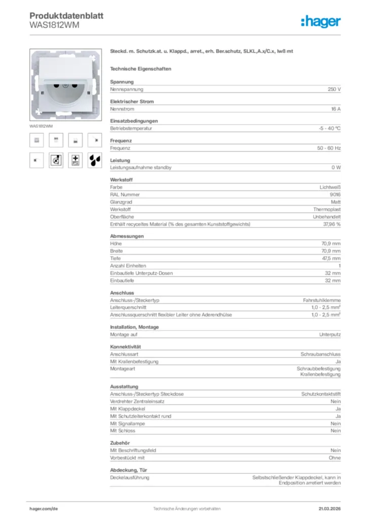 Bild Hager Produktdatenblatt WAS1812WM | Hager Deutschland