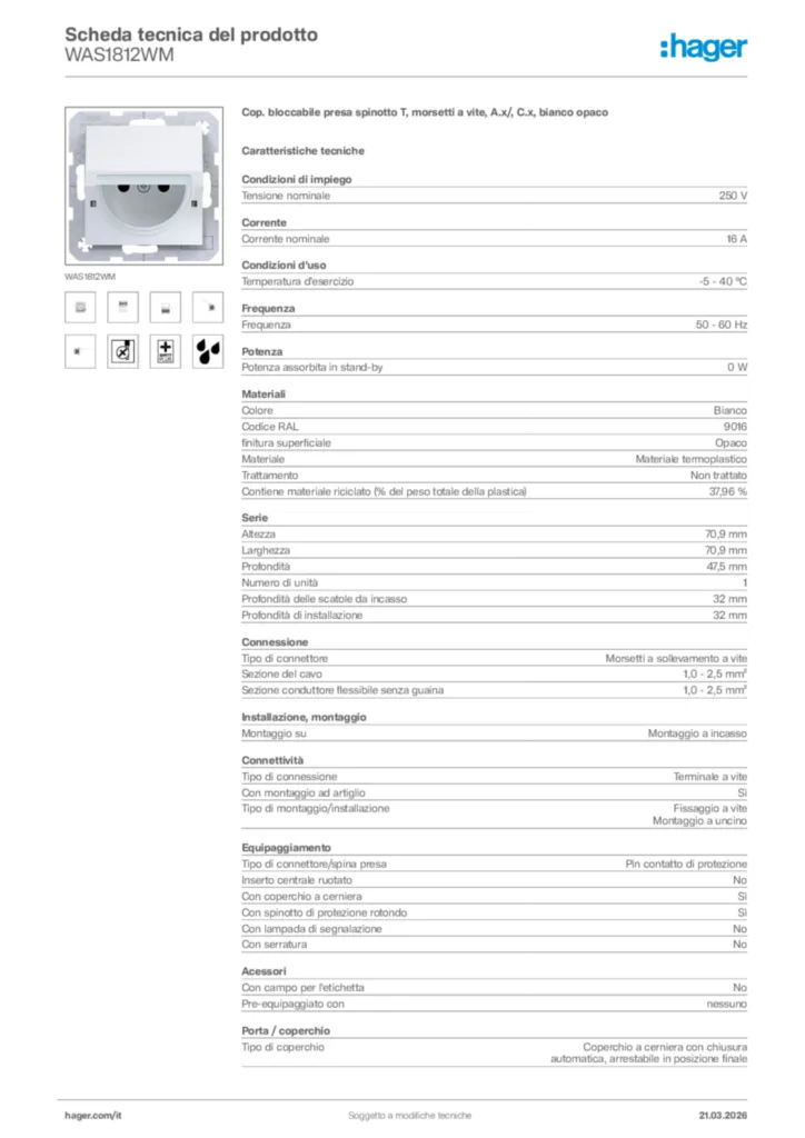 Immagine Hager Scheda tecnica del prodotto WAS1812WM | Hager Italia