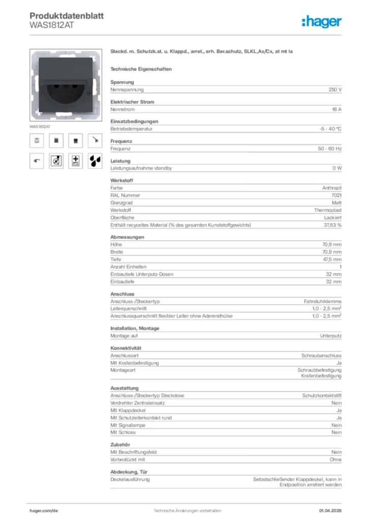 Bild Hager Produktdatenblatt WAS1812AT | Hager Deutschland