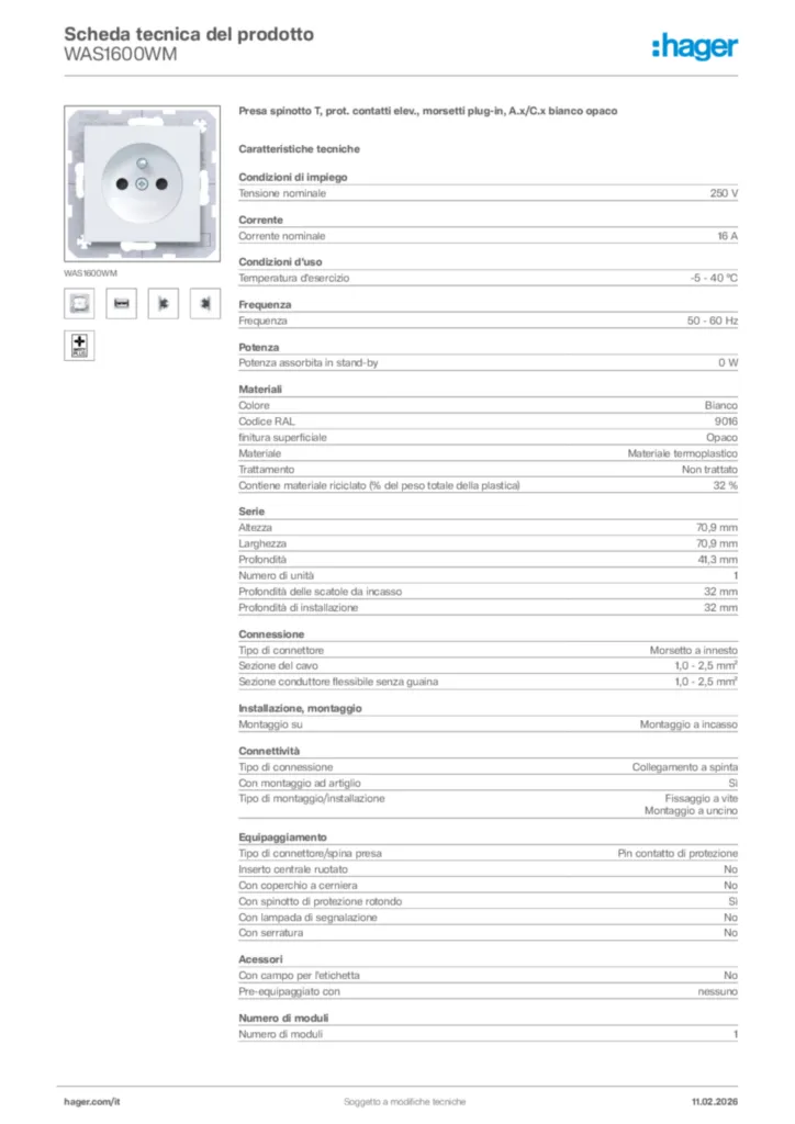 Immagine Hager Scheda tecnica del prodotto WAS1600WM | Hager Italia