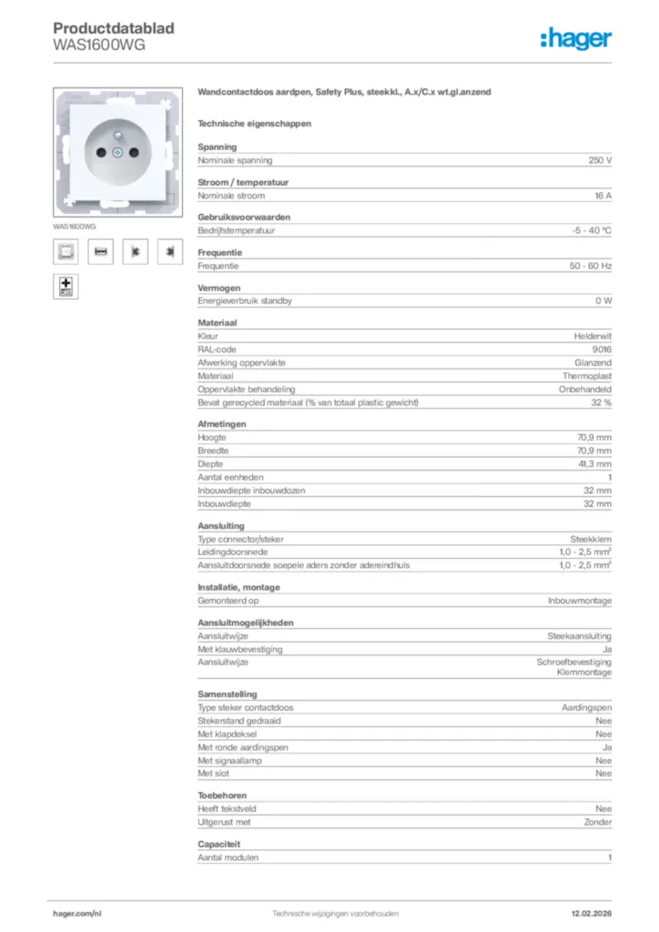 Afbeelding Hager Productdatablad WAS1600WG | Hager Nederland
